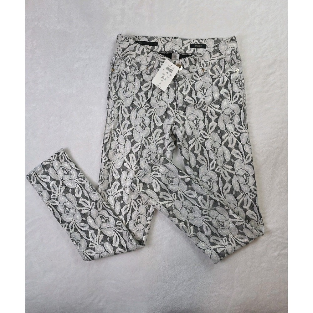 NWT Cache Lace Overlay Pants Skinny 5 Pocket Dressy Flirty White Over Black‎